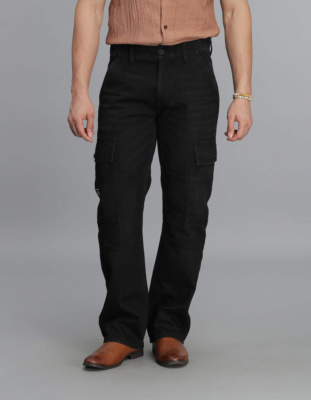 Black Loose Fit Denim Cargo Pant - Main Image