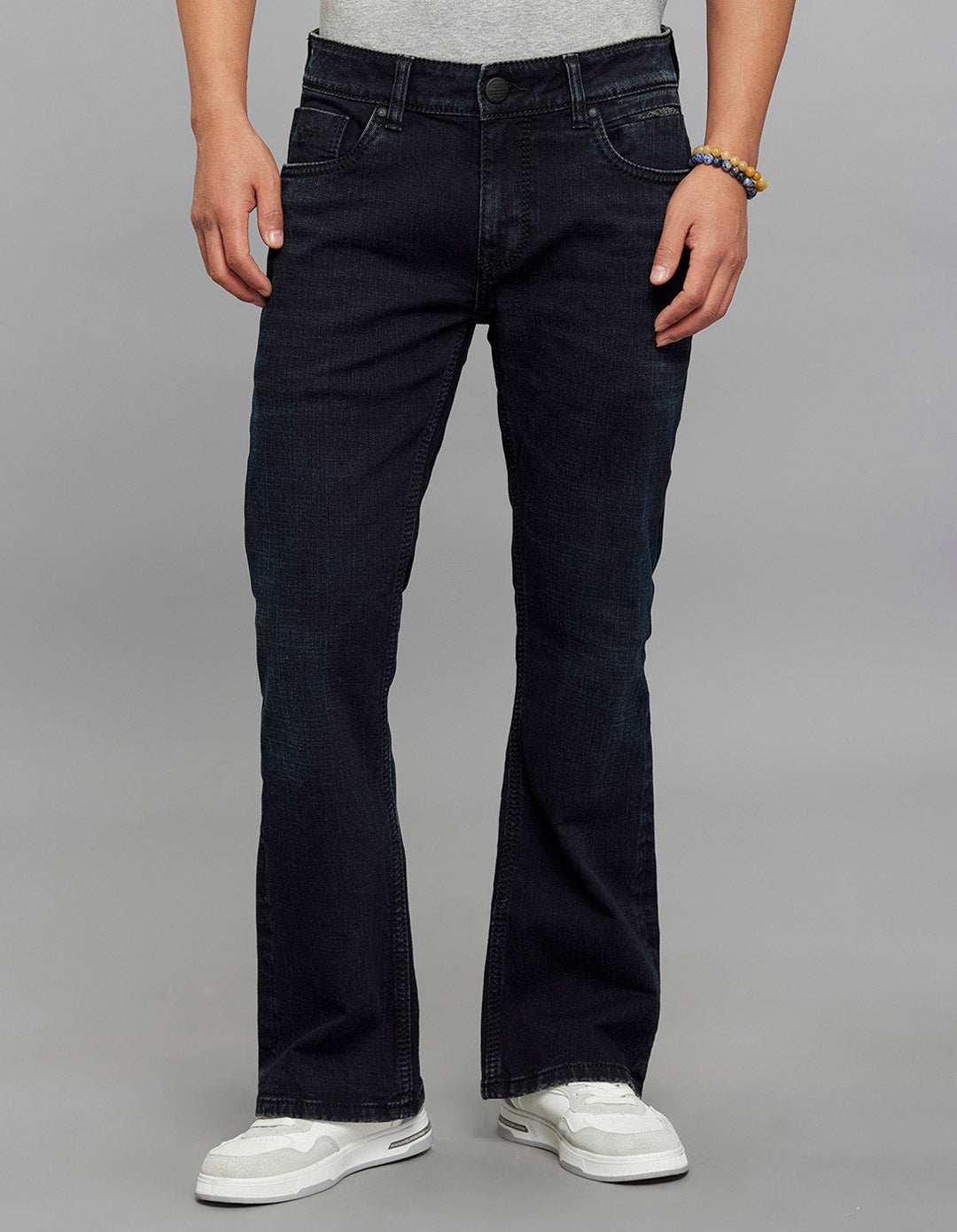 Dark Blue Pocket Mid Rise Cropped length Loose Boot Leg Stretch