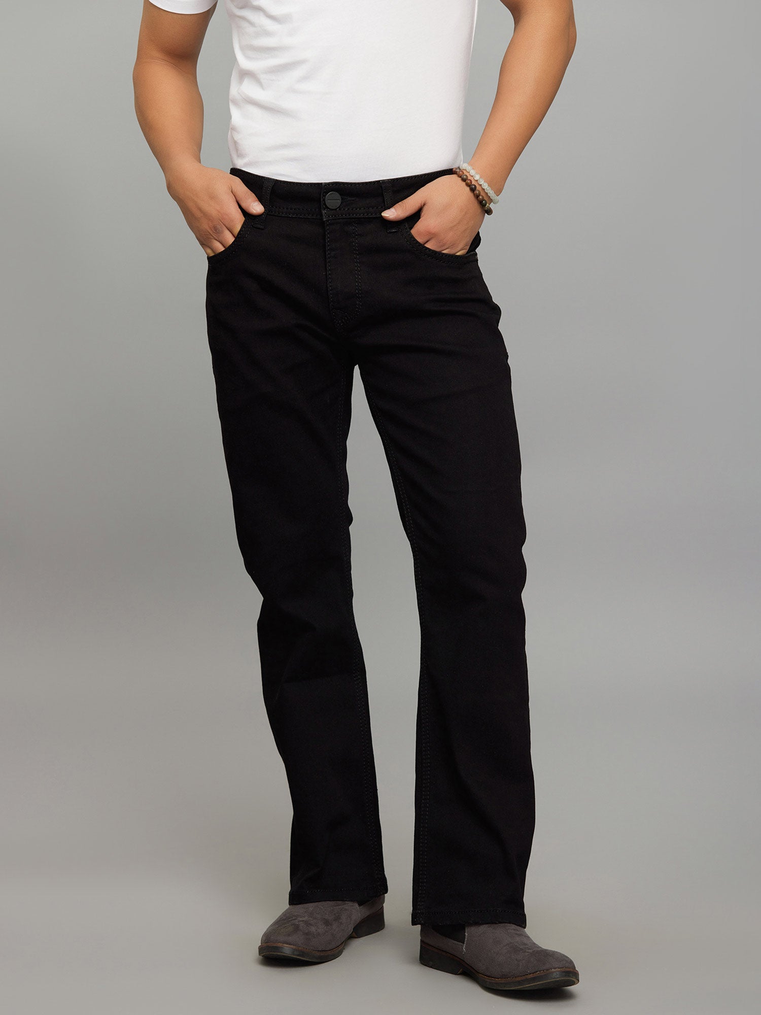 Black Pocket Mid Rise Cropped Length Loose Boot Leg Stretch