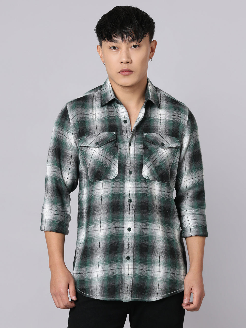 Green Black Relax Slim Check Shirt
