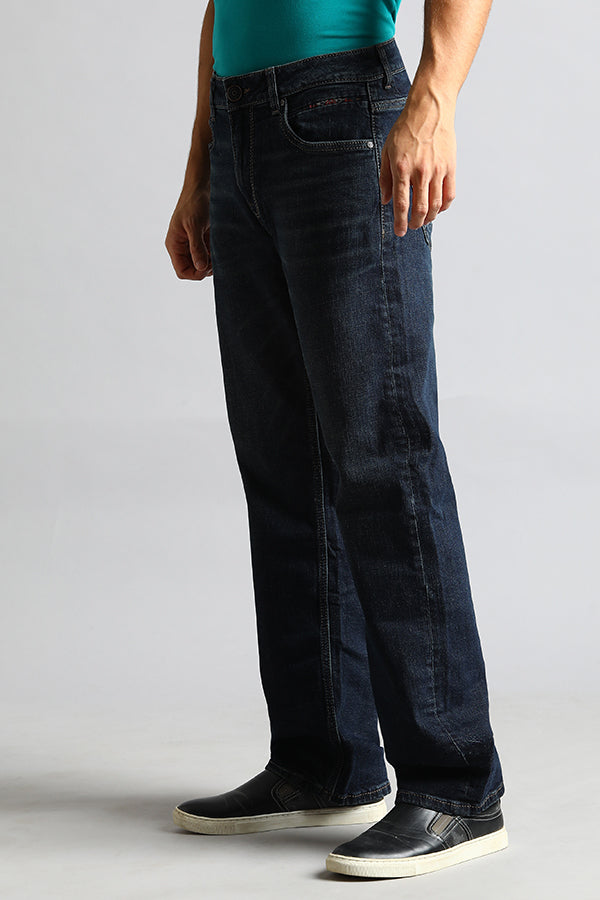 Dk Blue 5 Pocket Mid Rise Loose Boot Leg Jeans