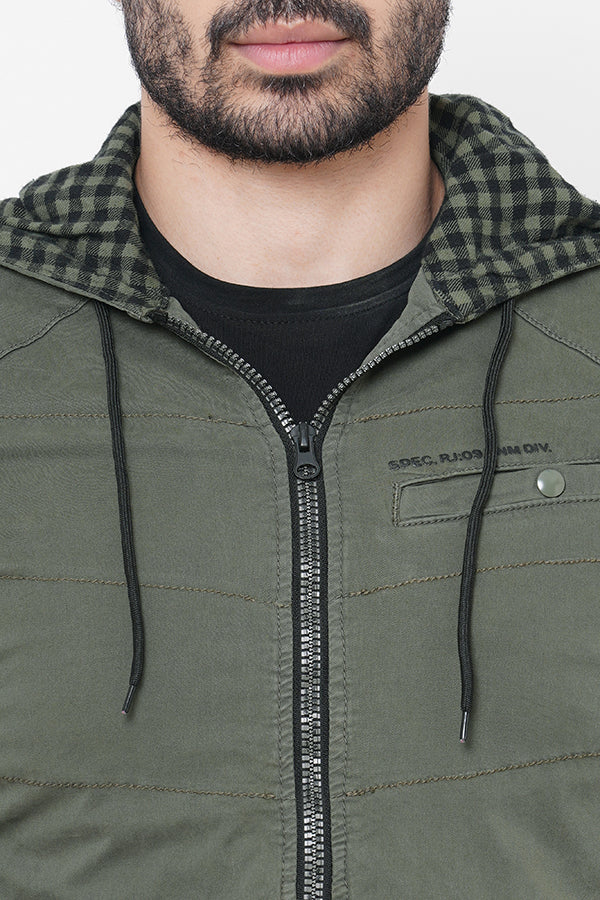 Olive Full Sleeve Cotton Zipper Hoodie Jacket