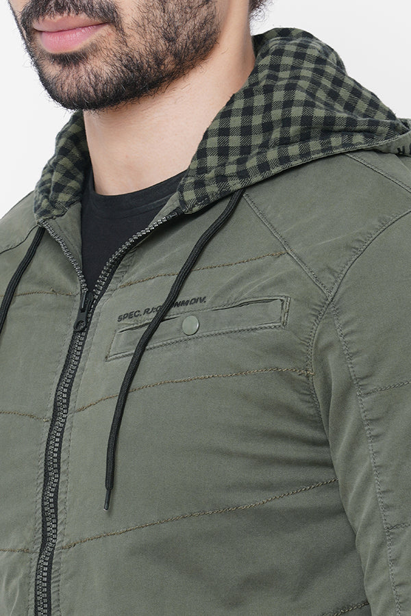 Olive Full Sleeve Cotton Zipper Hoodie Jacket