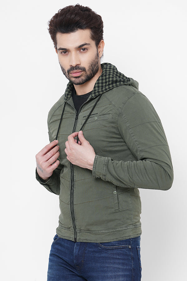 Olive Full Sleeve Cotton Zipper Hoodie Jacket