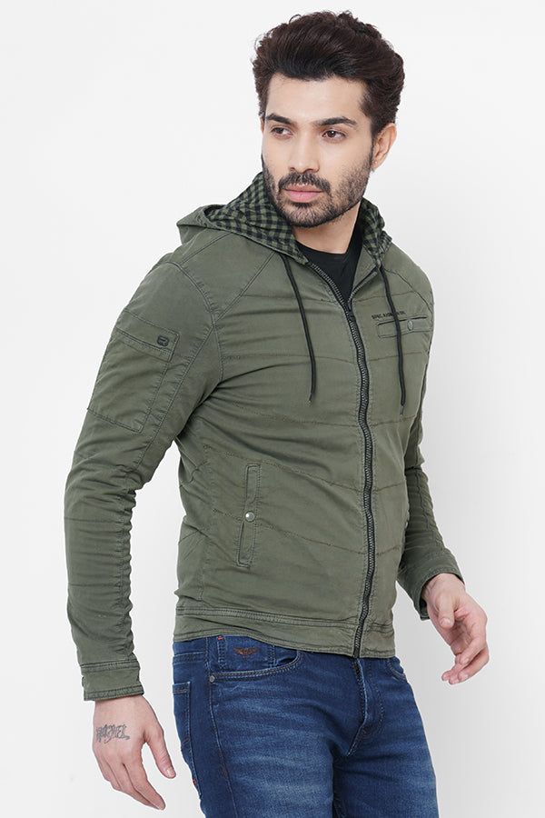 Olive Full Sleeve Cotton Zipper Hoodie Jacket