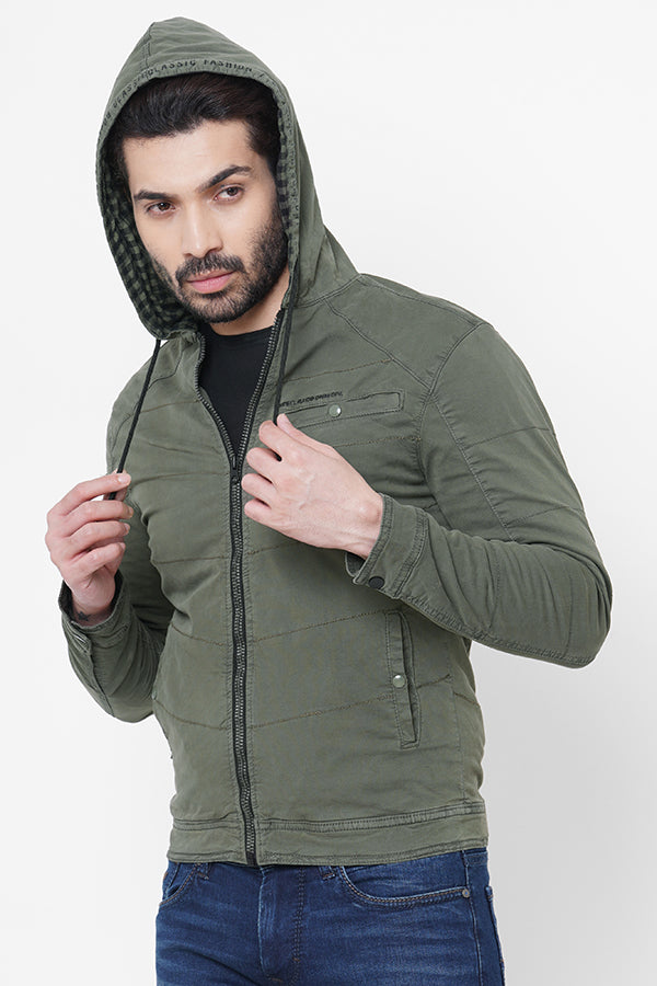 Olive Full Sleeve Cotton Zipper Hoodie Jacket