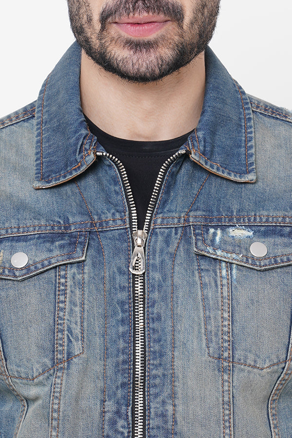 Med Blue Full Sleeve Denim Zipper Jacket