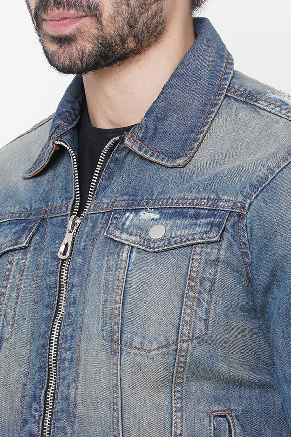 Med Blue Full Sleeve Denim Zipper Jacket