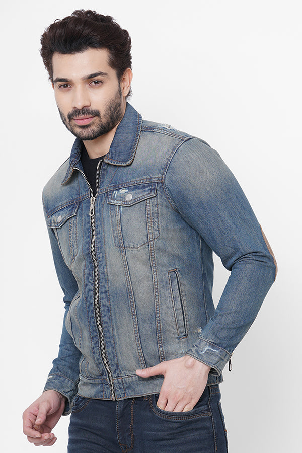 Med Blue Full Sleeve Denim Zipper Jacket