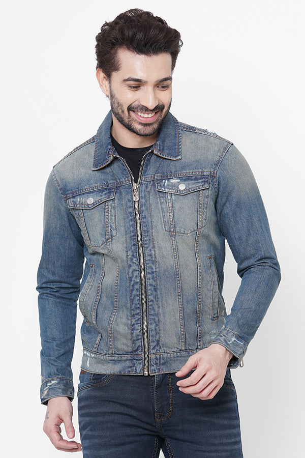 Med Blue Full Sleeve Denim Zipper Jacket