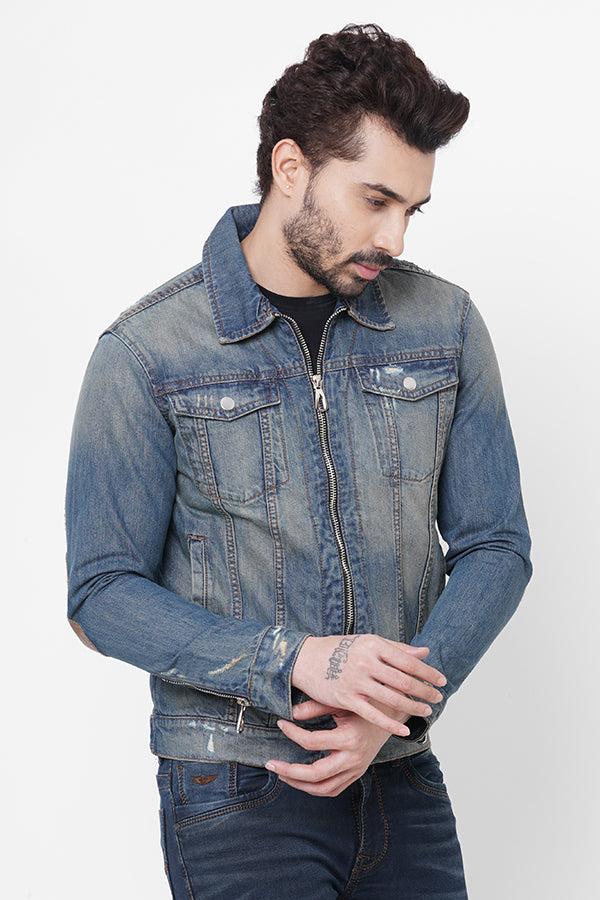 Med Blue Full Sleeve Denim Zipper Jacket