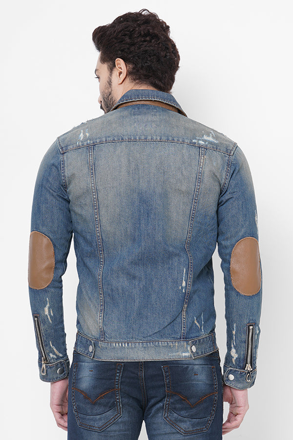 Med Blue Full Sleeve Denim Zipper Jacket