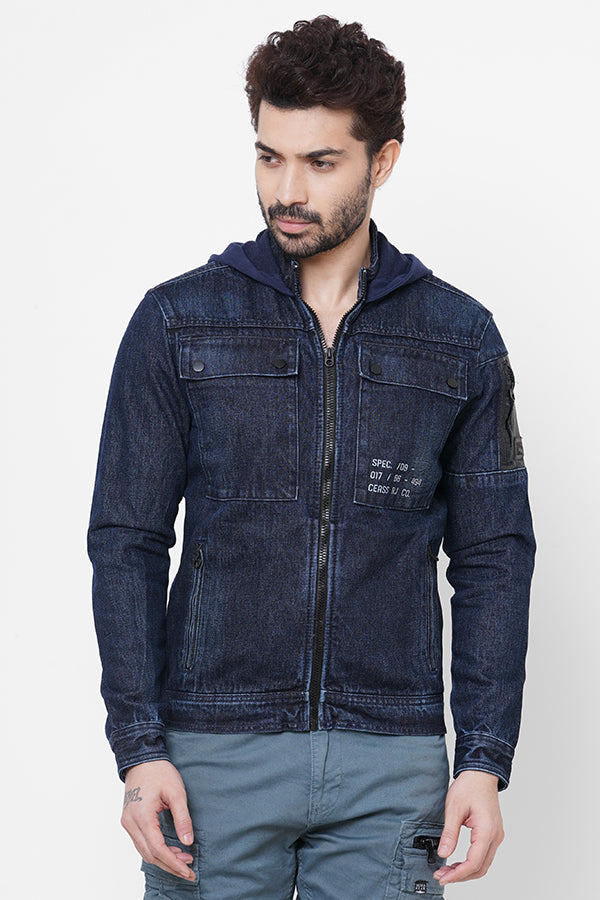 Dk Blue Full Sleeve Denim Zipper Hoodie Jacket