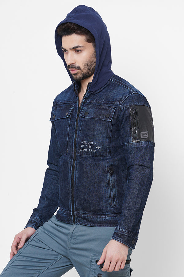 Dk Blue Full Sleeve Denim Zipper Hoodie Jacket