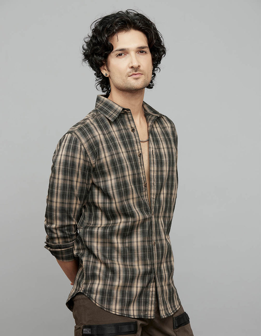Beige White Full Sleeves Check Shirt