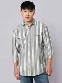Green White Full Sleeve Stripe Shirt