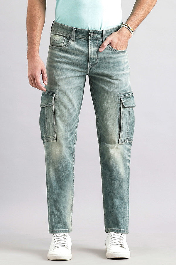 Lt Petrol Slim Fit Denim Cargo Pant (Regular Fit)