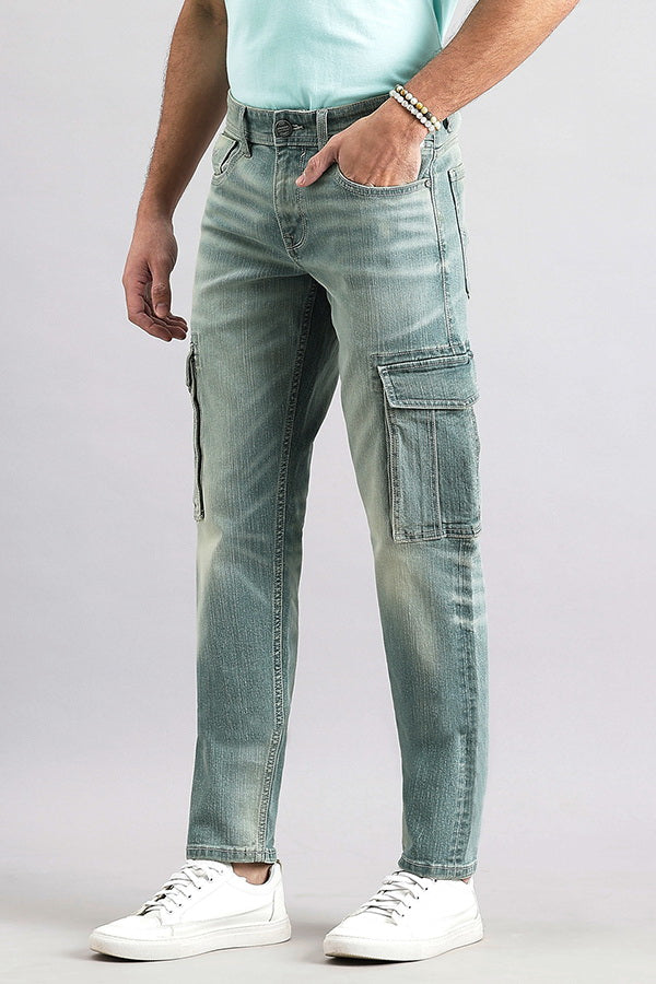 Lt Petrol Slim Fit Denim Cargo Pant (Regular Fit)
