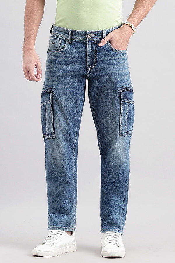 Dk Blue Slim Fit Denim Cargo Pant (Regular Fit)