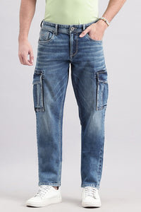 Dk Blue Slim Fit Denim Cargo Pant (Regular Fit)