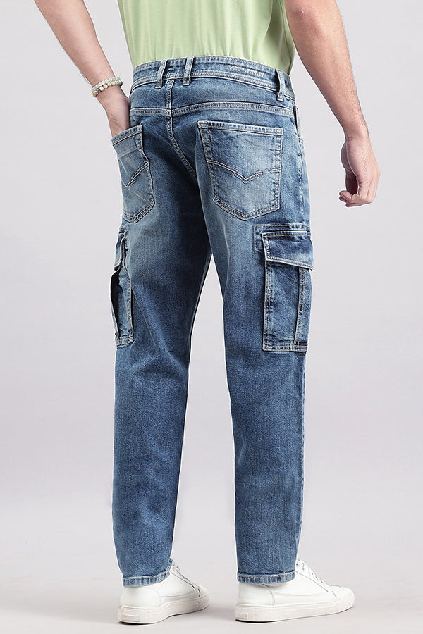 Dk Blue Slim Fit Denim Cargo Pant (Regular Fit)