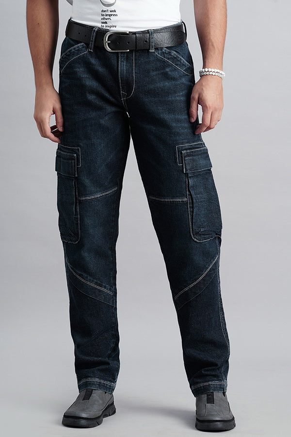 Dk Blue Slim Fit Denim Cargo Pant (Regular Fit)