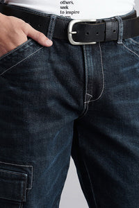Dk Blue Slim Fit Denim Cargo Pant (Regular Fit)