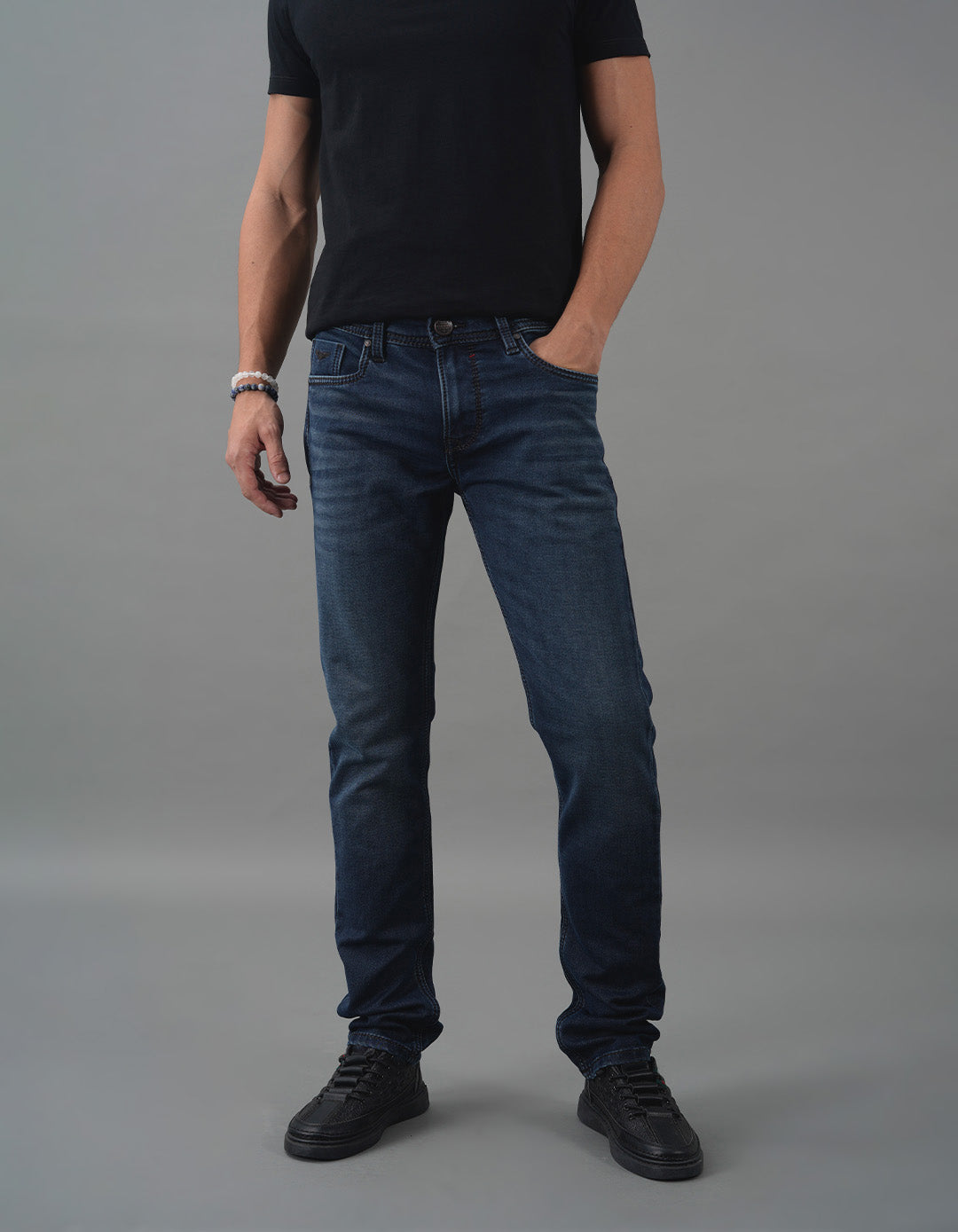 Med Blue 5 Pocket Mid-Rise Slim Straight Fit Jeans