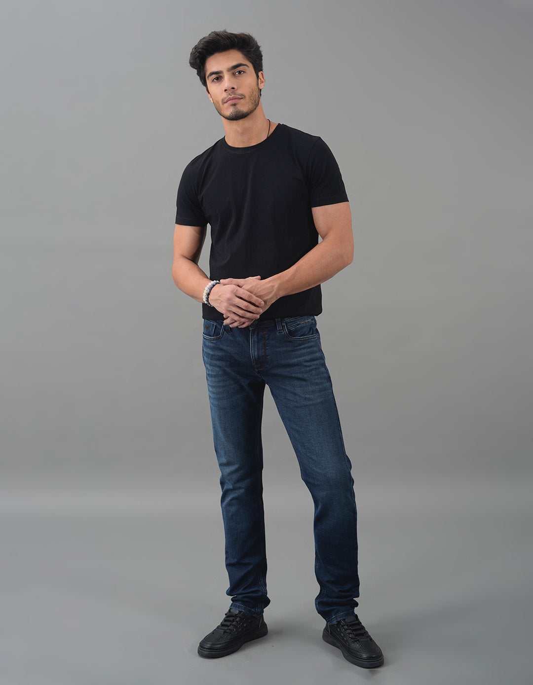 Med Blue 5 Pocket Mid-Rise Slim Straight Fit Jeans