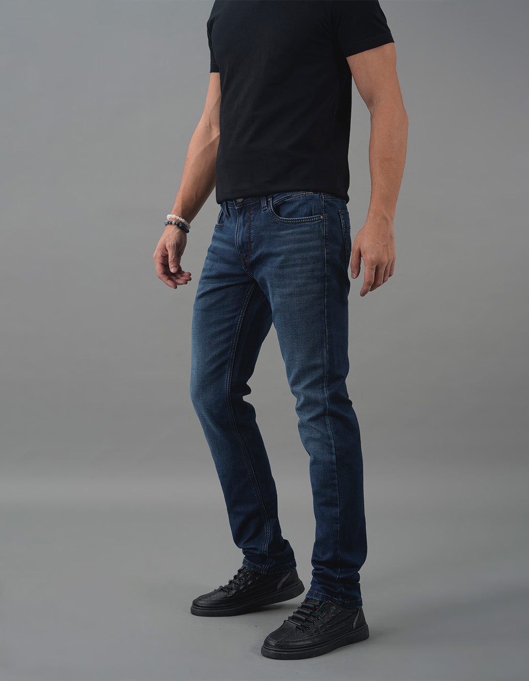 Med Blue 5 Pocket Mid-Rise Slim Straight Fit Jeans