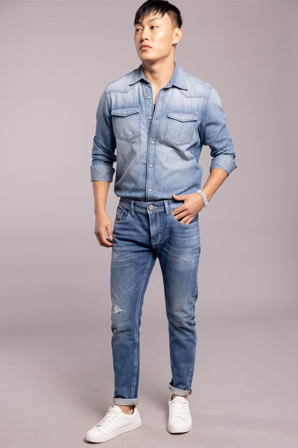 Med Blue 5 Pocket Low-Rise Ankle Length Jeans