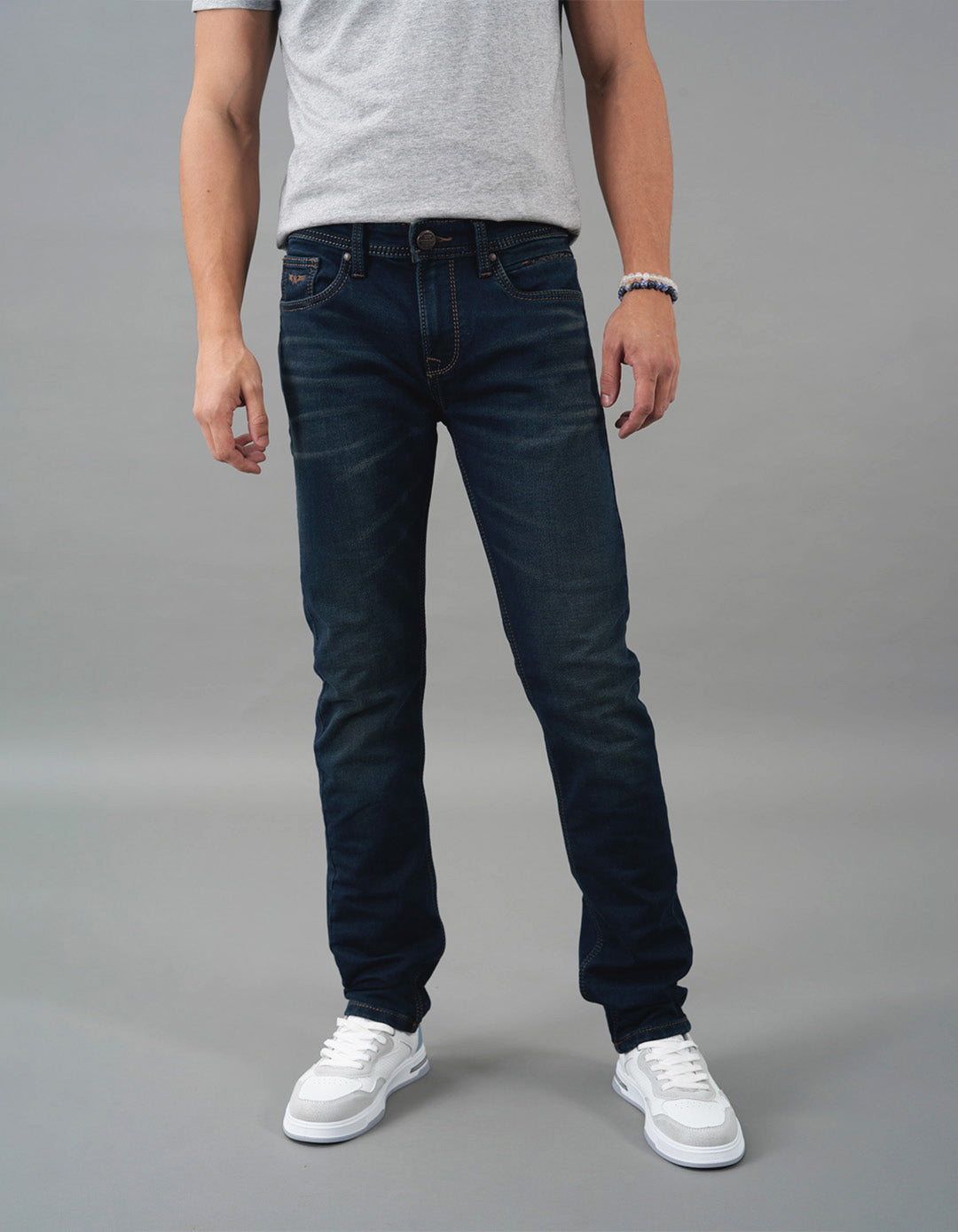 Dk Blue 5 Pocket Mid-Rise Slim Straight Fit Jeans