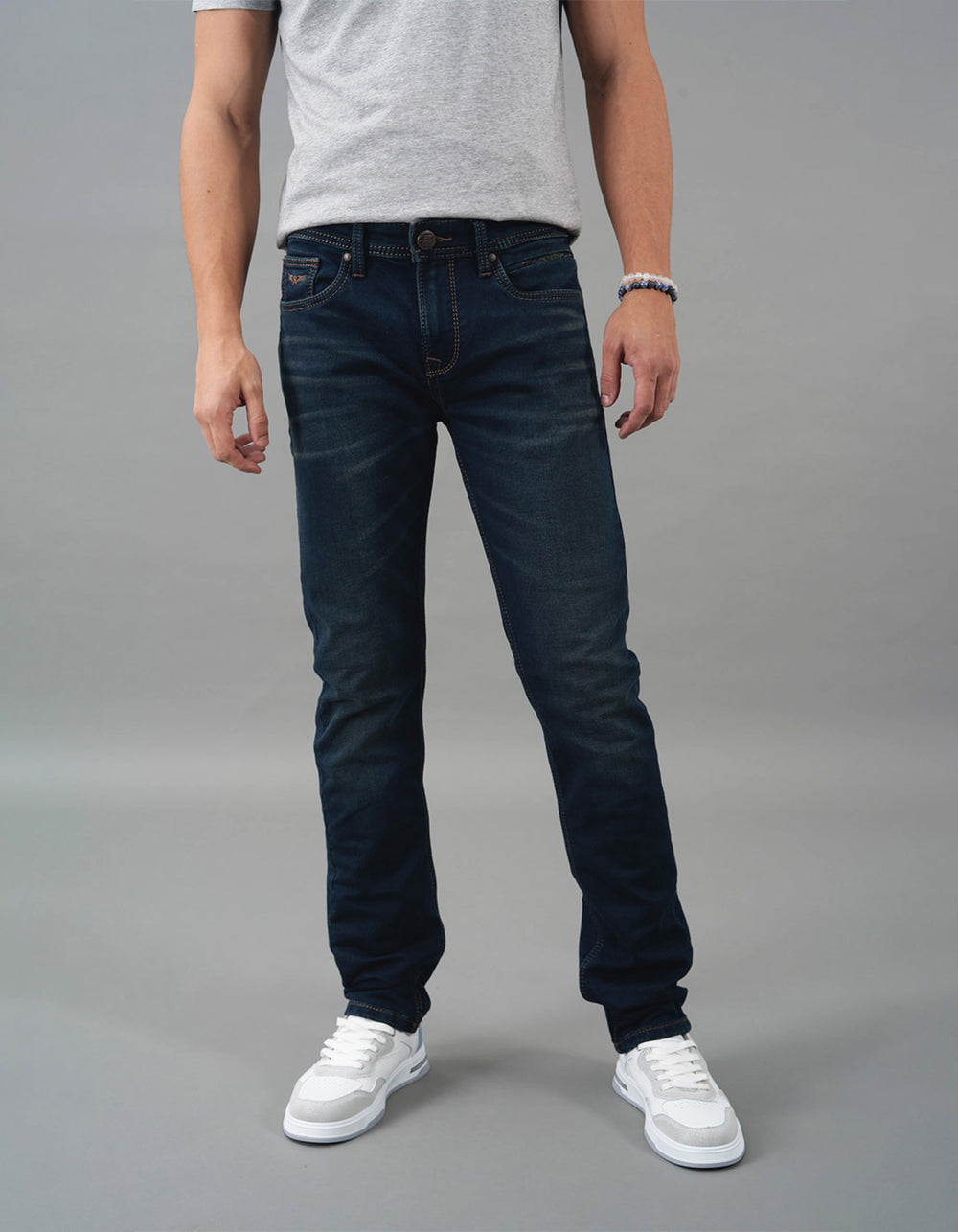 Dk Blue 5 Pocket Mid-Rise Slim Straight Fit Jeans