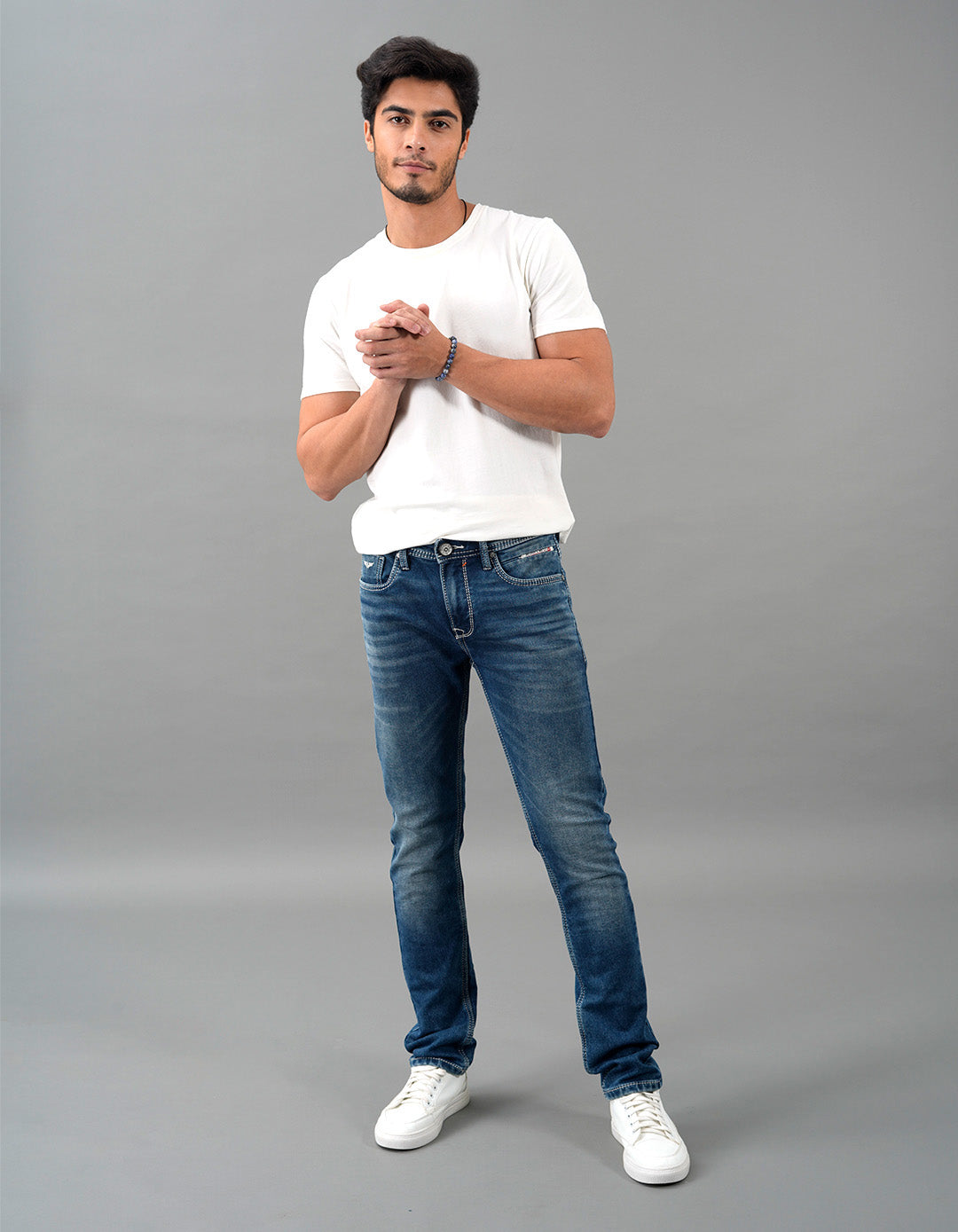 Med Blue 5 Pocket Mid-Rise Slim Straight Fit Jeans