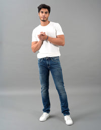 Med Blue 5 Pocket Mid-Rise Slim Straight Fit Jeans