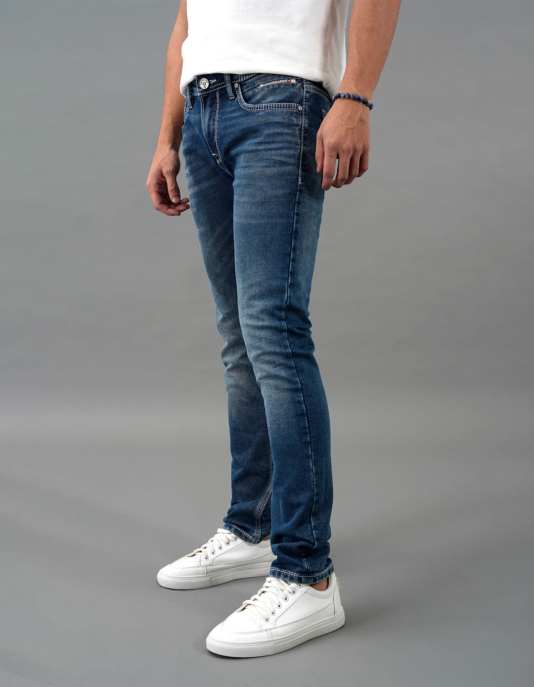 Med Blue 5 Pocket Mid-Rise Slim Straight Fit Jeans