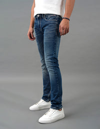 Med Blue 5 Pocket Mid-Rise Slim Straight Fit Jeans