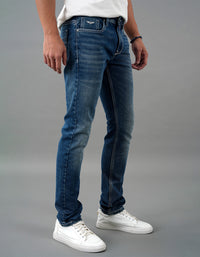 Med Blue 5 Pocket Mid-Rise Slim Straight Fit Jeans