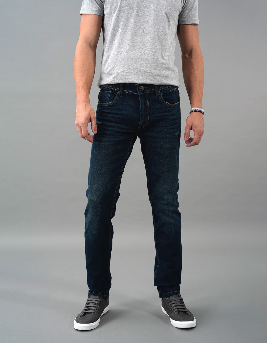 Dk Blue 5 Pocket Mid-Rise Slim Straight Fit Jeans