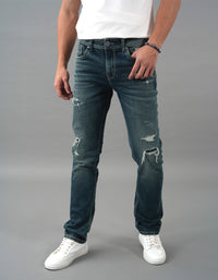 Med Blue 5 Pocket Mid-Rise Slim Straight Fit Jeans