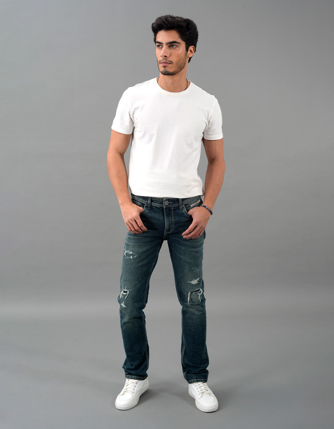 Med Blue 5 Pocket Mid-Rise Slim Straight Fit Jeans