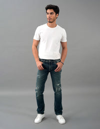 Med Blue 5 Pocket Mid-Rise Slim Straight Fit Jeans