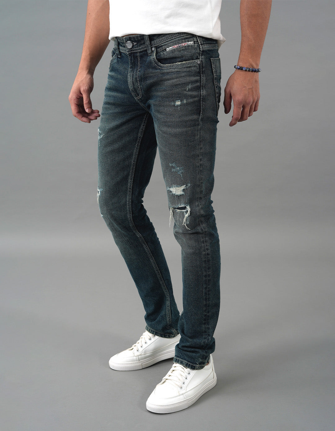 Med Blue 5 Pocket Mid-Rise Slim Straight Fit Jeans