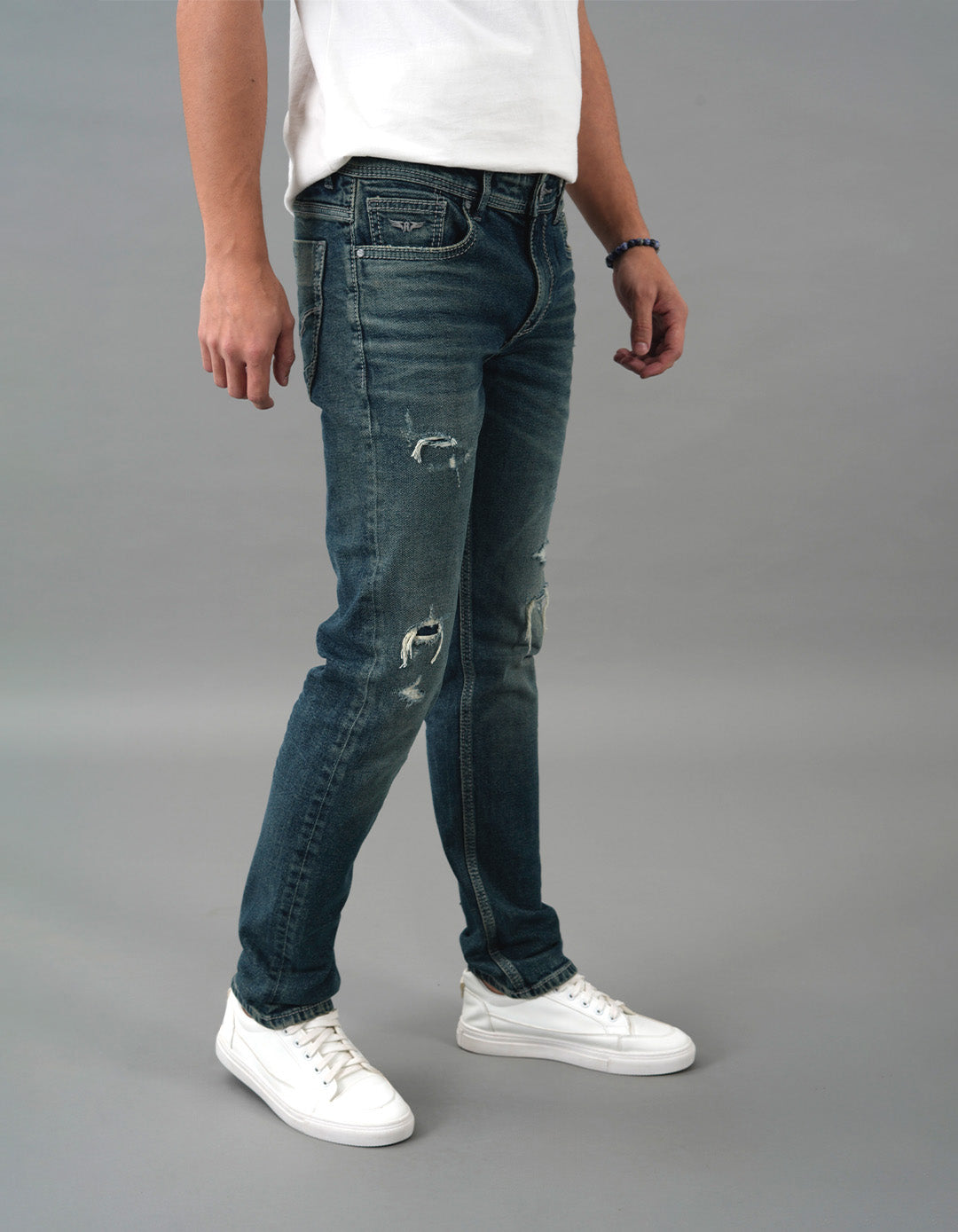 Med Blue 5 Pocket Mid-Rise Slim Straight Fit Jeans