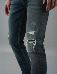 Med Blue 5 Pocket Mid-Rise Slim Straight Fit Jeans