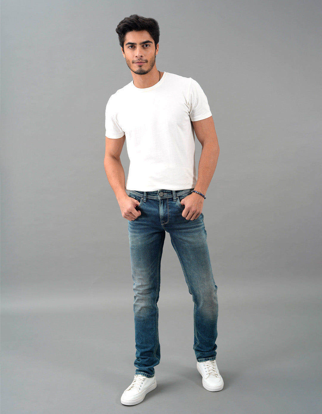 Med Blue 5 Pocket Mid-Rise Slim Straight Fit Jeans