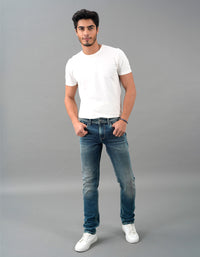 Med Blue 5 Pocket Mid-Rise Slim Straight Fit Jeans