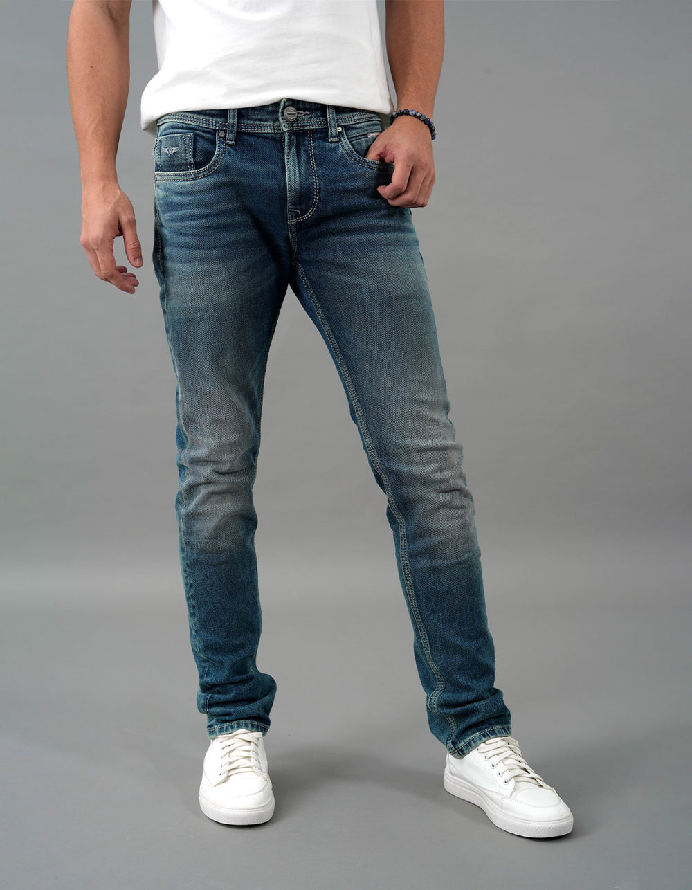 Med Blue 5 Pocket Mid-Rise Slim Straight Fit Jeans