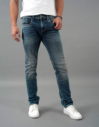 Med Blue 5 Pocket Mid-Rise Slim Straight Fit Jeans