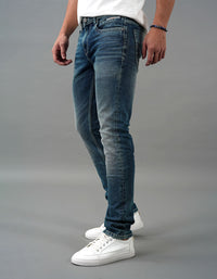 Med Blue 5 Pocket Mid-Rise Slim Straight Fit Jeans